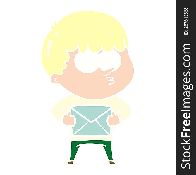 flat color style cartoon curious boy carrying a gift