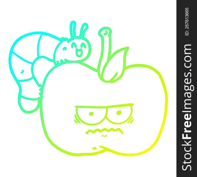 cold gradient line drawing of a cartoon grumpy apple and caterpillar