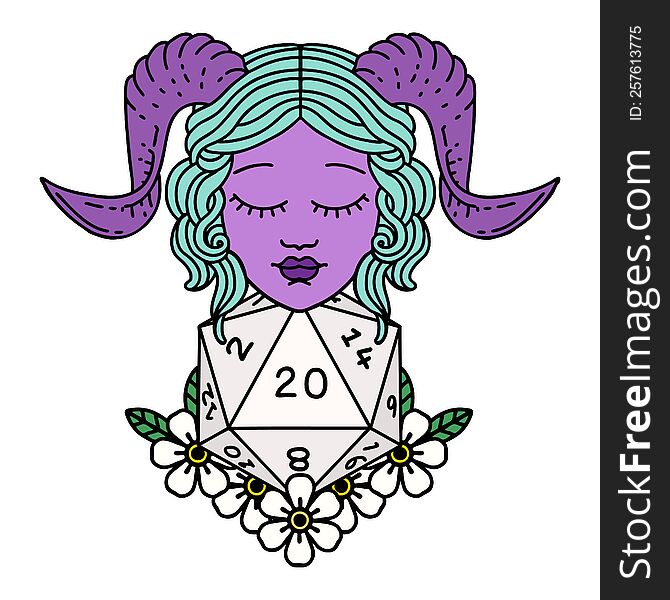 Retro Tattoo Style tiefling with natural twenty dice roll. Retro Tattoo Style tiefling with natural twenty dice roll