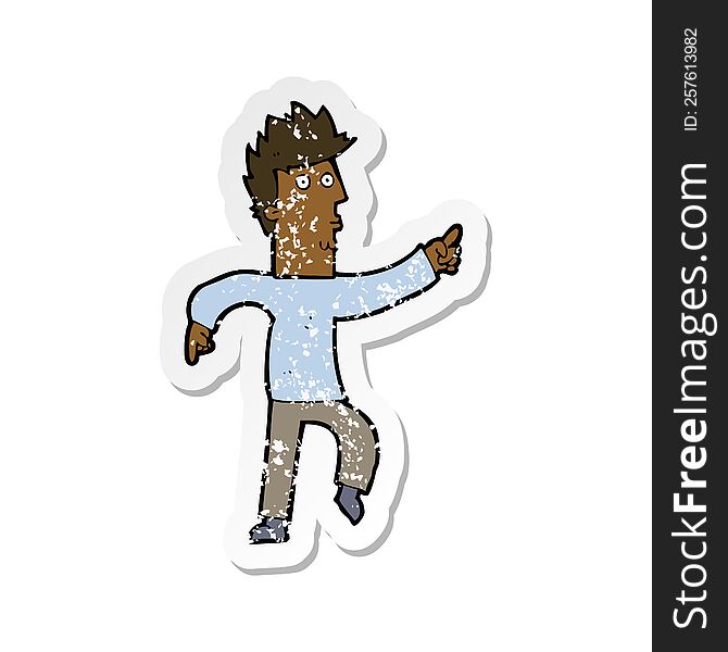 Retro Distressed Sticker Of A Cartoon Worried Man Pointing