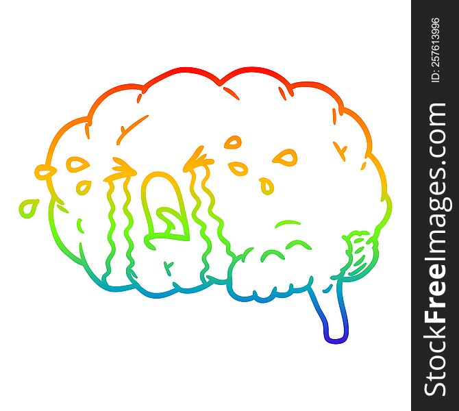 rainbow gradient line drawing of a cartoon brain crying