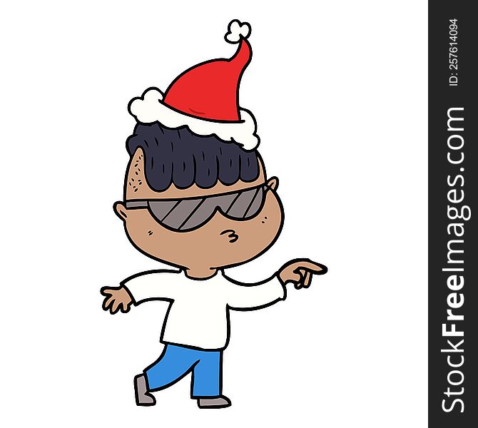 hand drawn line drawing of a boy wearing sunglasses pointing wearing santa hat