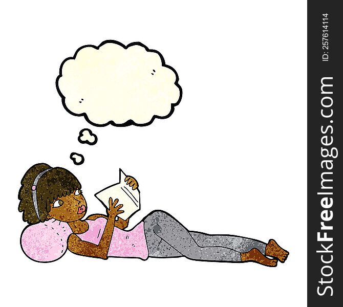 Cartoon Pretty Woman Reading Book With Thought Bubble