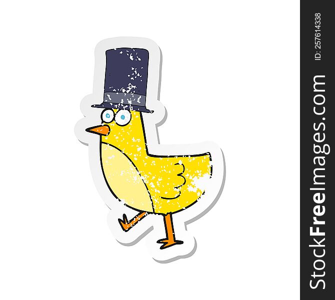 Retro Distressed Sticker Of A Cartoon Bird Wearing Hat