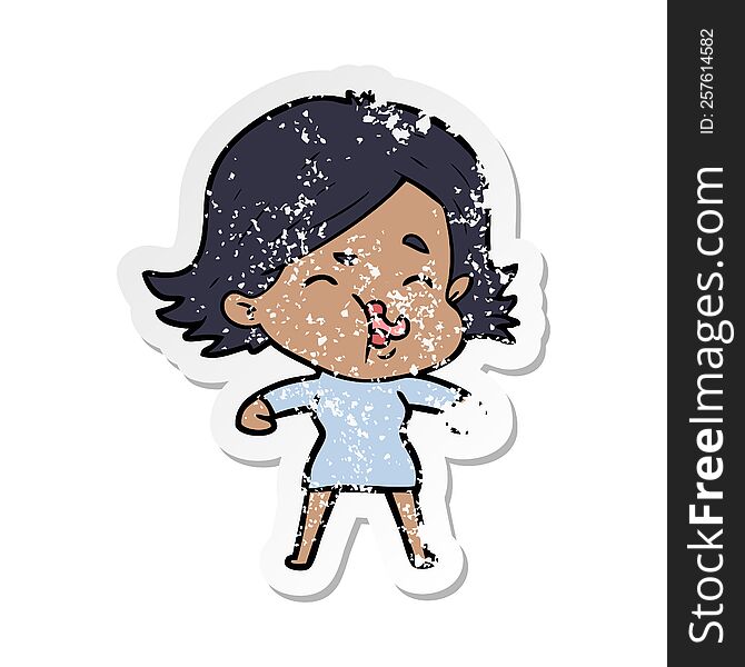 Distressed Sticker Of A Cartoon Girl Pulling Face