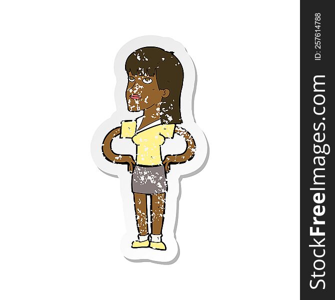 retro distressed sticker of a cartoon woman with hands on hips