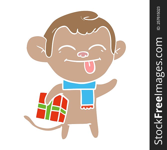 Funny Flat Color Style Cartoon Monkey With Christmas Present