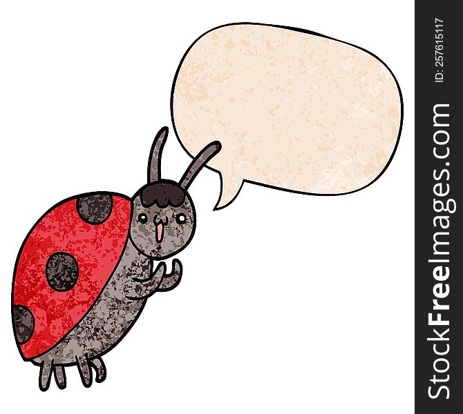 cute cartoon ladybug with speech bubble in retro texture style