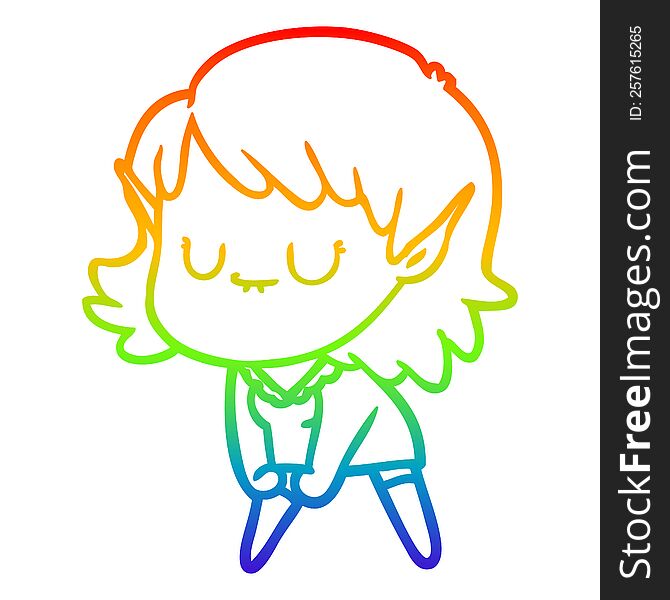 rainbow gradient line drawing of a happy cartoon elf girl posing