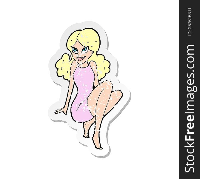 retro distressed sticker of a cartoon attractive woman posing