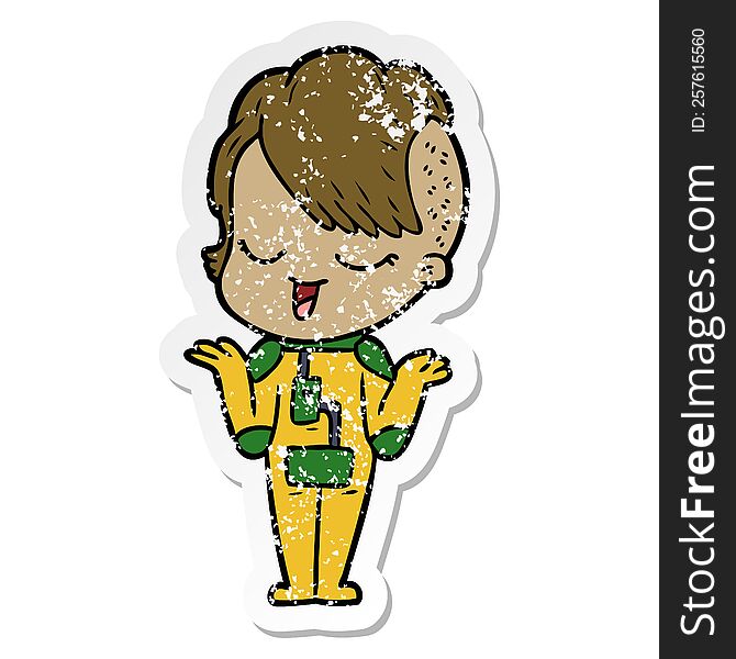 distressed sticker of a happy cartoon girl in space suit