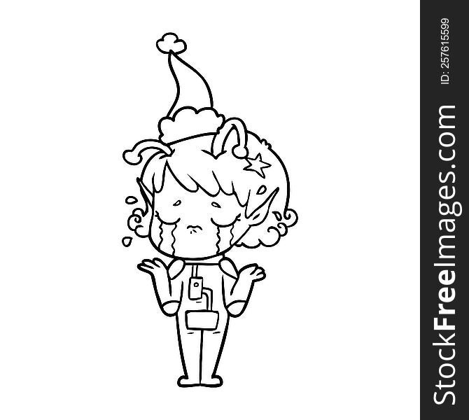 Line Drawing Of A Crying Alien Girl Wearing Santa Hat