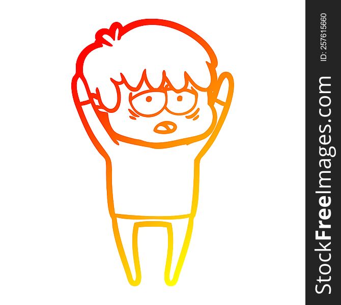 warm gradient line drawing of a cartoon exhausted boy