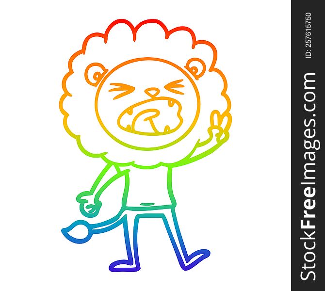 rainbow gradient line drawing cartoon lion giving peac sign