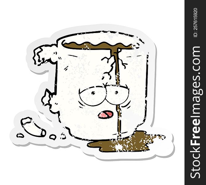 distressed sticker of a cartoon broken mug