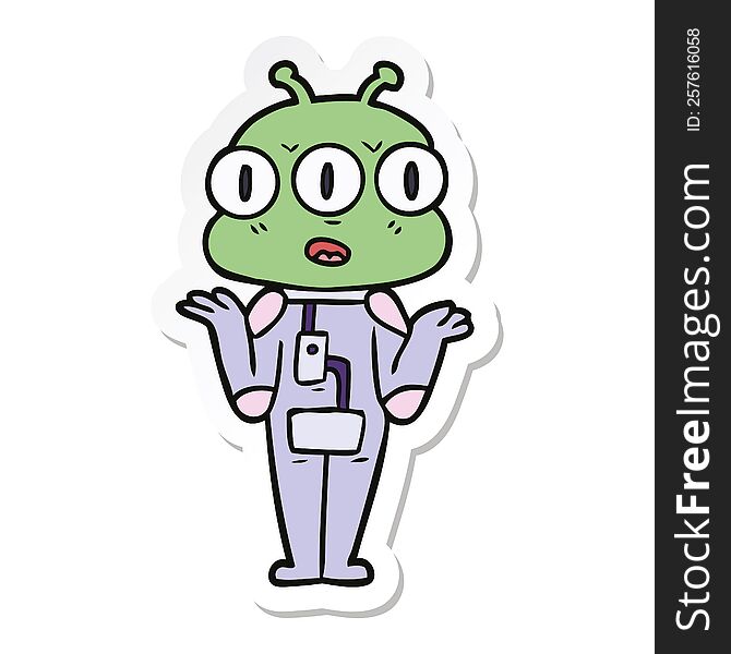 Sticker Of A Cartoon Three Eyed Alien Shrugging