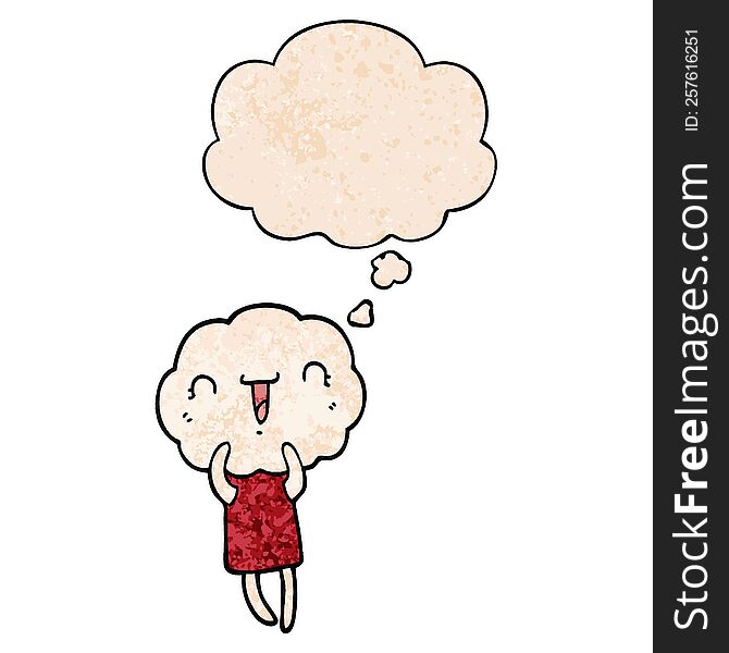 Cute Cartoon Cloud Head Creature And Thought Bubble In Grunge Texture Pattern Style