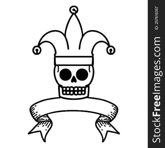 black linework tattoo with banner of a skull jester