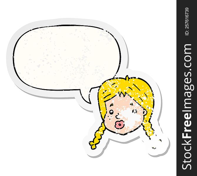 cartoon girls face with speech bubble distressed distressed old sticker. cartoon girls face with speech bubble distressed distressed old sticker