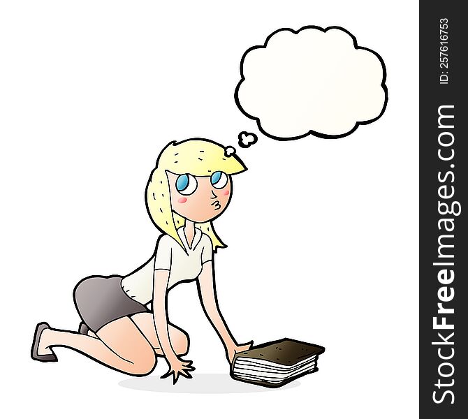 Cartoon Girl Picking Up Book With Thought Bubble