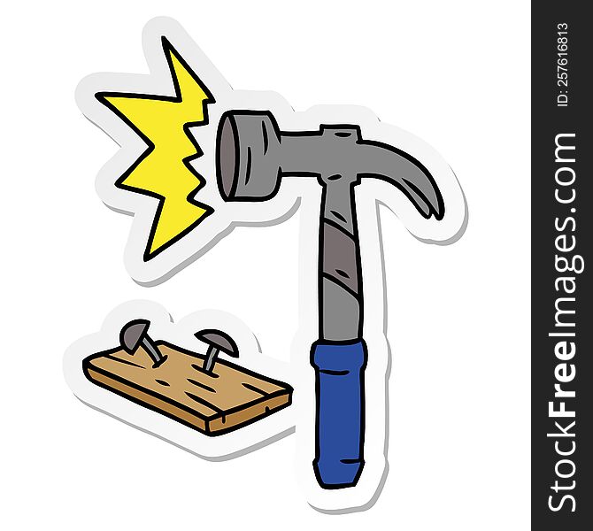 hand drawn sticker cartoon doodle of a hammer and nails