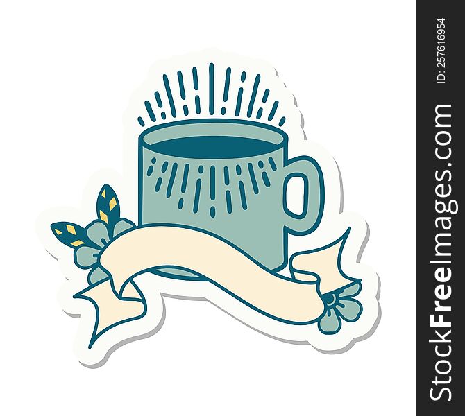 tattoo style sticker with banner of cup of coffee