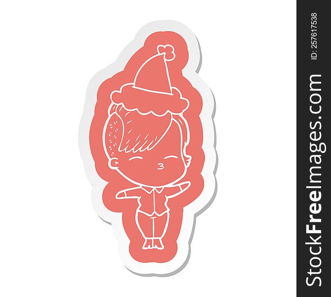 quirky cartoon  sticker of a squinting girl wearing santa hat