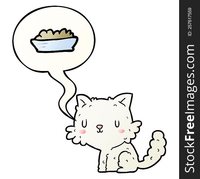 cute cartoon cat and food with speech bubble in smooth gradient style