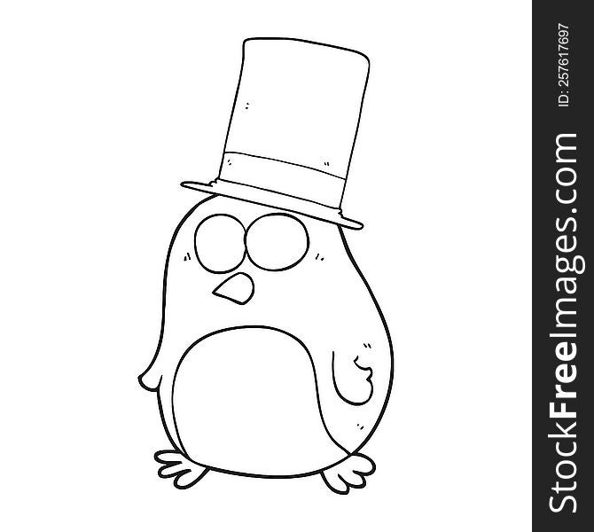 freehand drawn black and white cartoon bird wearing top hat