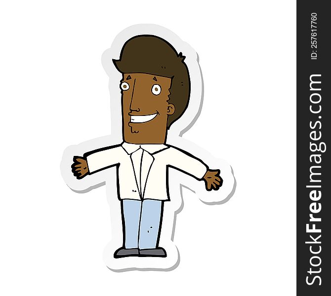 sticker of a cartoon grining man with open arms