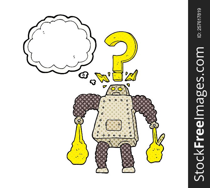 freehand drawn thought bubble cartoon confused robot carrying shopping