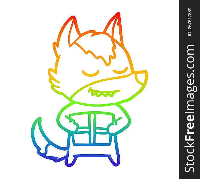 rainbow gradient line drawing of a friendly cartoon wolf carrying christmas present