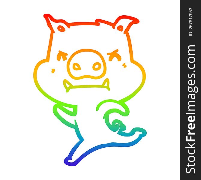 rainbow gradient line drawing of a angry cartoon pig charging