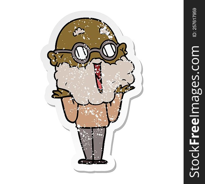 distressed sticker of a cartoon joyful man with beard shrugging