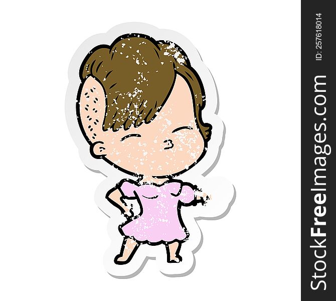 Distressed Sticker Of A Cartoon Squinting Girl Pointing