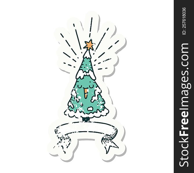 Grunge Sticker Of Tattoo Style Happy Christmas Tree