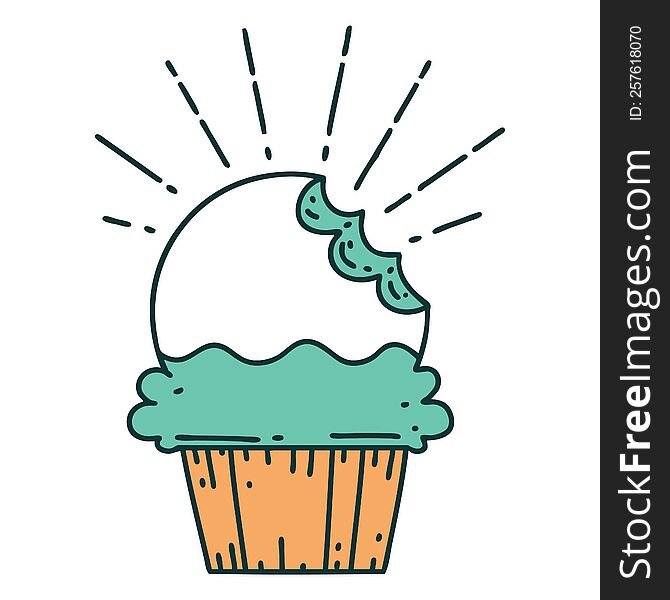 illustration of a traditional tattoo style cupcake with missing bite