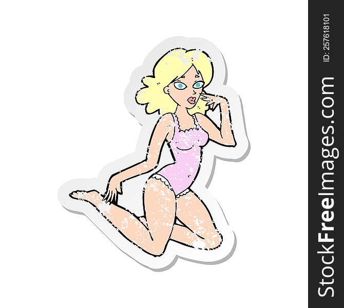 retro distressed sticker of a cartoon woman in lingerie