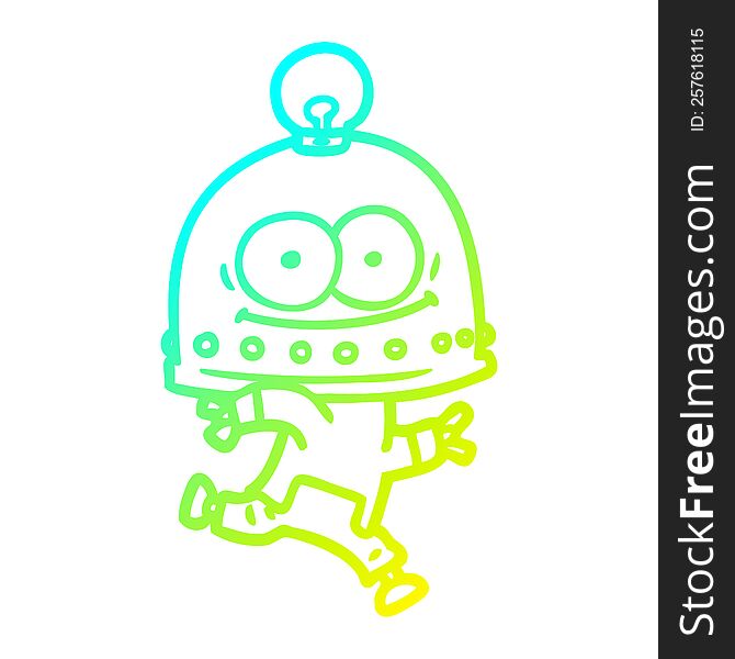 cold gradient line drawing of a happy carton robot with light bulb