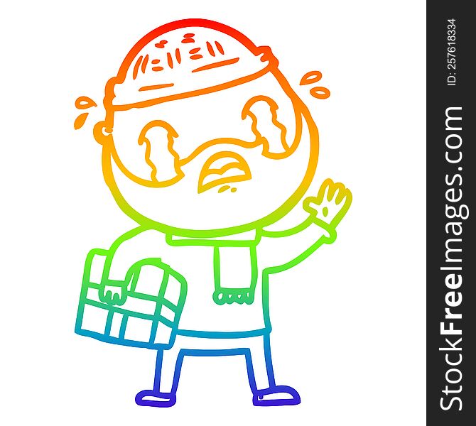 rainbow gradient line drawing of a cartoon bearded man crying with christmas present