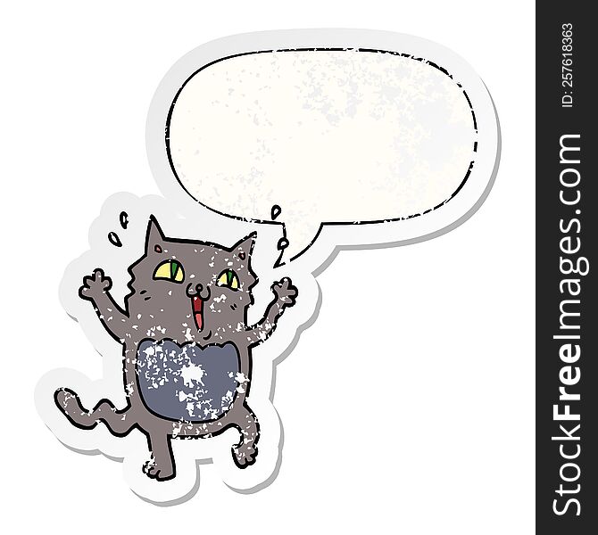 Cartoon Crazy Excited Cat And Speech Bubble Distressed Sticker