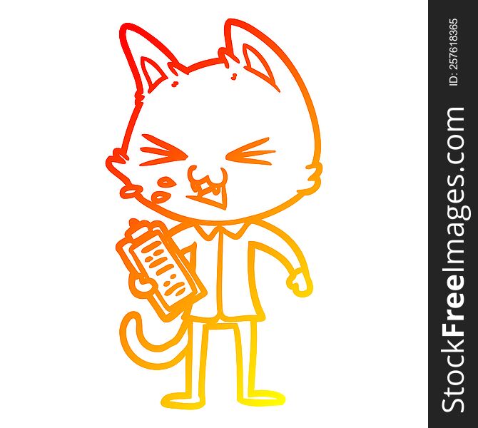 warm gradient line drawing of a cartoon salesman cat hissing