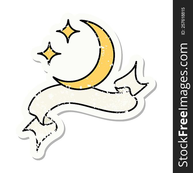 Grunge Sticker With Banner Of A Moon And Stars