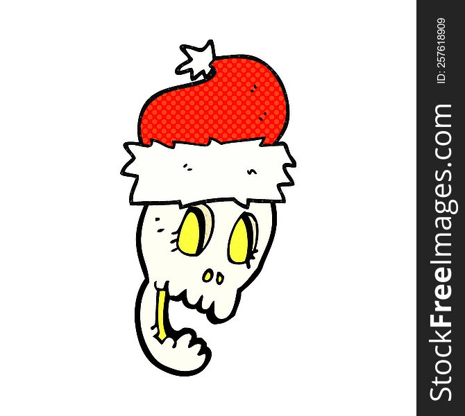 freehand drawn cartoon christmas hat on skull
