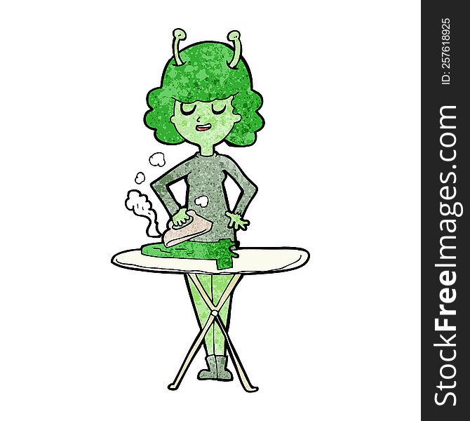 cartoon alien woman ironing