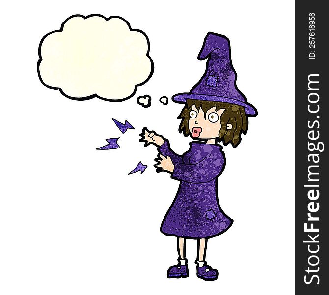 cartoon witch casting spell with thought bubble