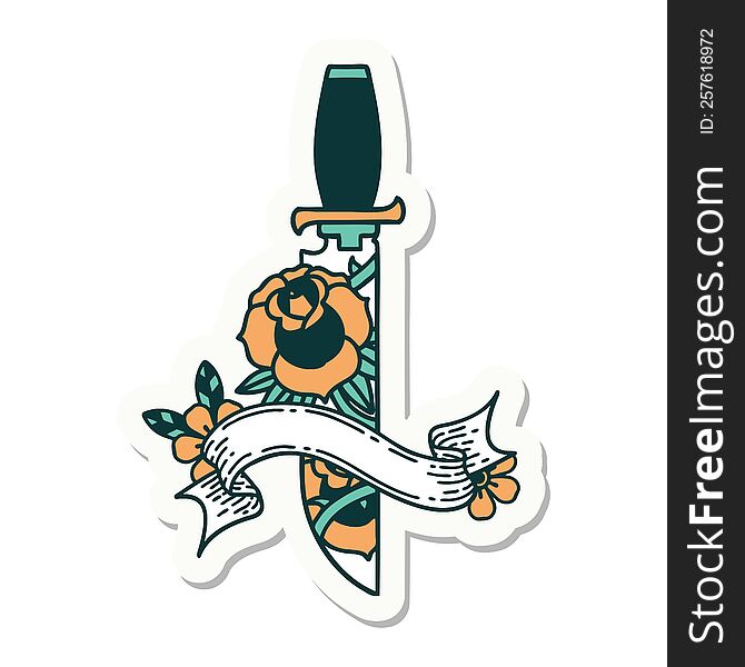 tattoo style sticker with banner of a dagger and flowers