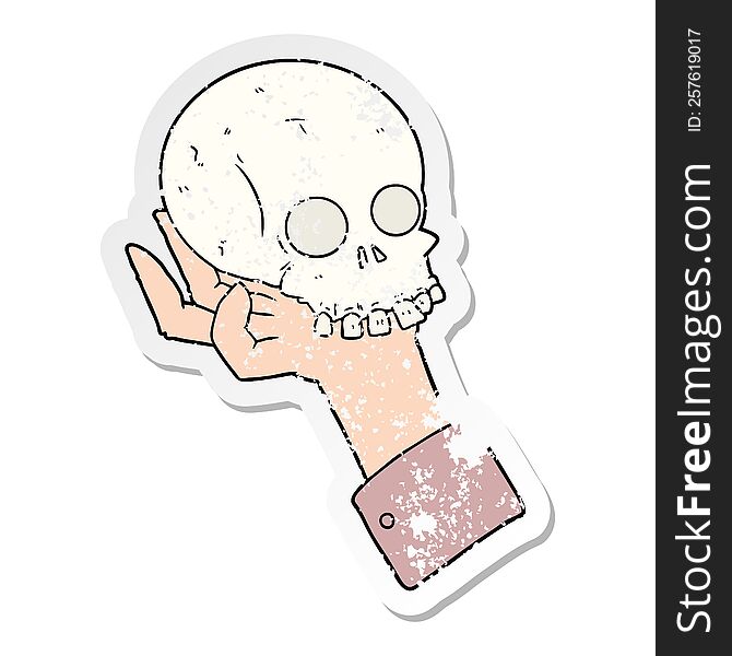 distressed sticker of a cartoon hand holding skull