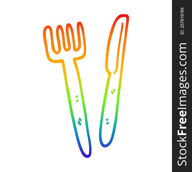 Rainbow Gradient Line Drawing Cartoon Knife And Fork