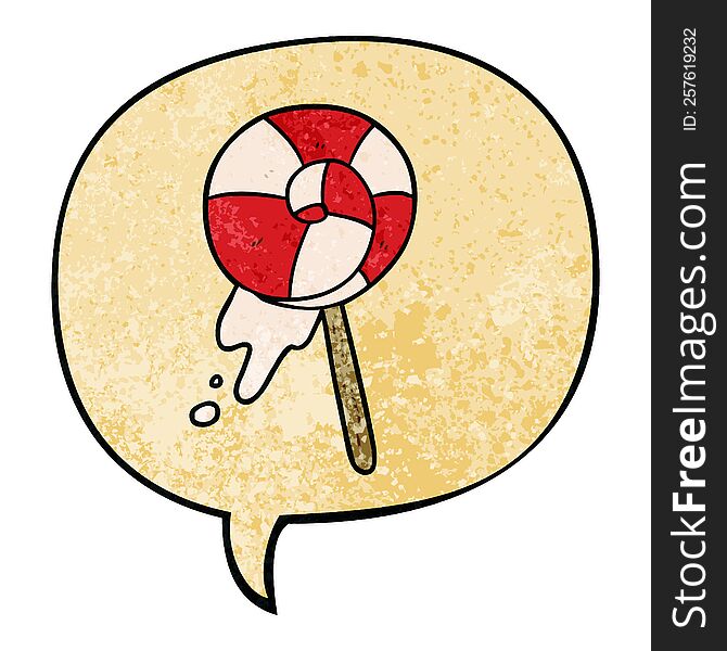 cartoon traditional lollipop with speech bubble in retro texture style